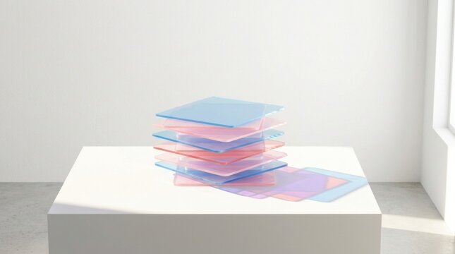 Stack of translucent pastel acrylic glass sheets casting colorful shadows on white podium