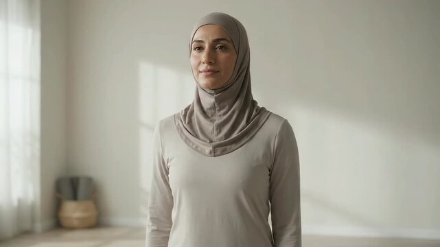 Smiling Muslim woman in sports hijab and beige modest activewear stands in a bright, sunlit minimalist room with yoga mats.