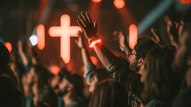 Spiritual Gathering: A crowd of people with raised hands in a concert-like setting, bathed in red light with a prominent cross symbol in the background.