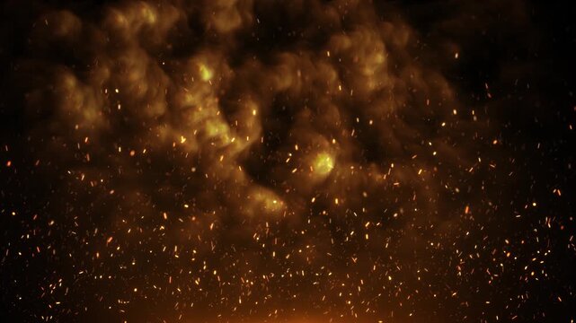 Fiery particles appear amber smoke deep space. dramatic trailer titles, fantasy sequences, action promos, game introductions, cinematic compositing, adding ember texture, luminous haze, intense warmth
