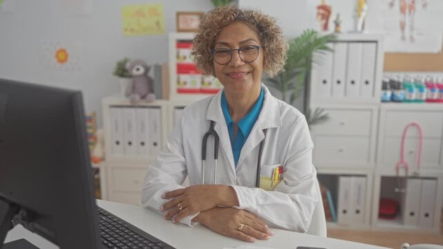 Woman doctor with stethoscope at computer smiling, hands folded on desk in building pediatric exam room surrounded by children's toys and charts; reassurance.