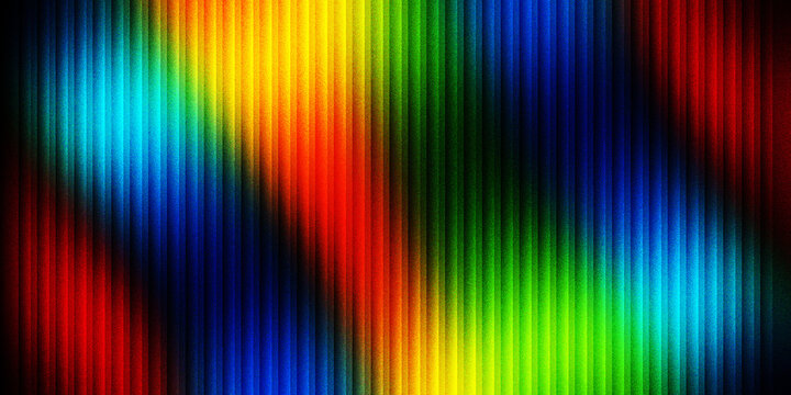 Abstract wavy rainbow light streaks on vertical lines create dynamic colorful background for creative projects.