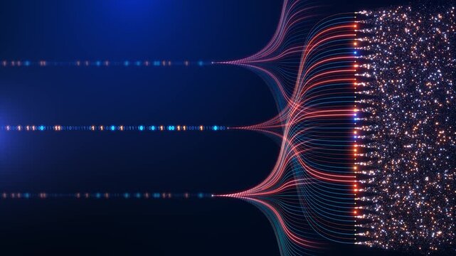Rows of binary digits meet branching light paths spread into dense bright particles. parallel computing explainers, software presentations, information processing stories, or digital modern systems.