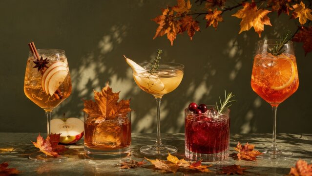 Elegant Autumn Cocktails With Seasonal Fruits Spices And Colorful Leaves