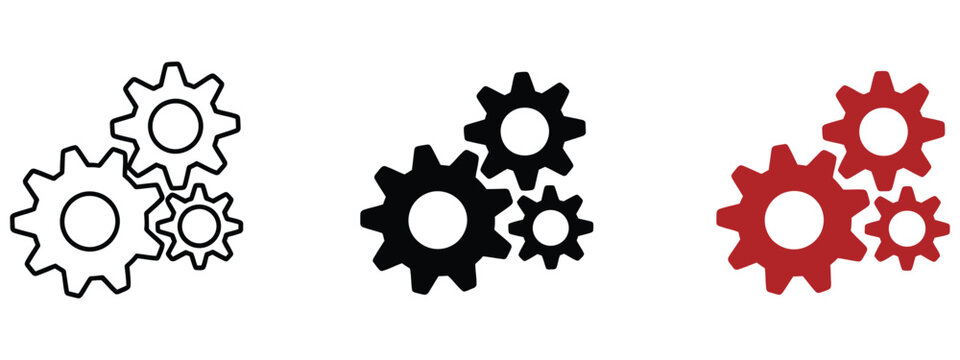 Gears mechanism icon featuring three interlocking cogwheels for system configuration, optimization, technology, engineering, and modern vector design