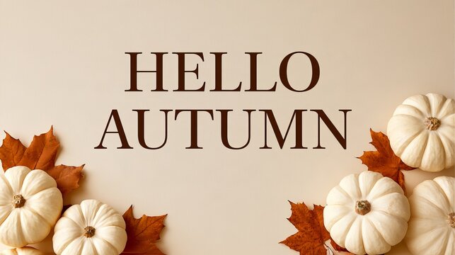 Hello autumn cozy seasonal greeting with pumpkins and autumn leaves for fall decor and thanksgiving background