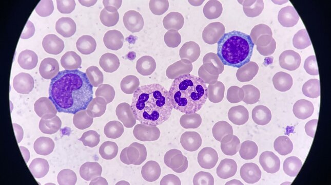 Medical laboratory smear with red and white cells stained purple under bright field magnification, detailed membranes and nuclei, clinical