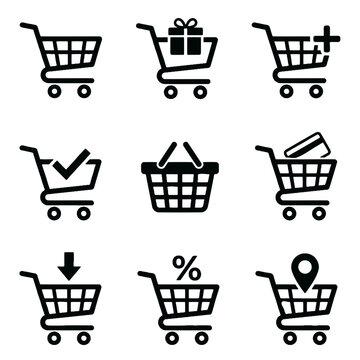 Comprehensive collection of black symbolic commerce signs depicting various retail transactions, online purchasing activities, payment methods, and discount promotions for commercial web design