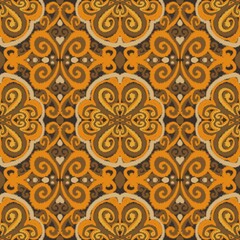 Dark brown ethnic ikat pattern with detailed floral medallions for carpet and textile design © Sangduan