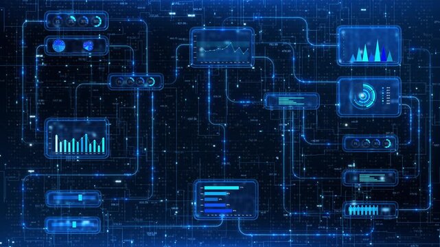 Connected dashboard panels present charts, percentages, performance indicators data grid. business intelligence corporate , financial analysis, strategic planning, digital management presentations.