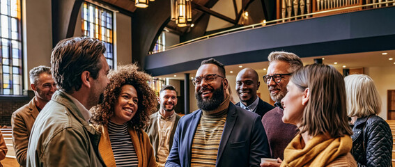 Obraz premium diverse community group conversing inside a modern church sanctuary. 
