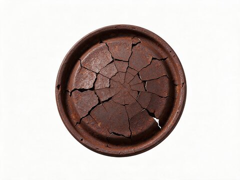 A rusted hubcap with an abstract spider-web of cracks, isometric 45 degree product angle, isolated on a pure white seamless background.