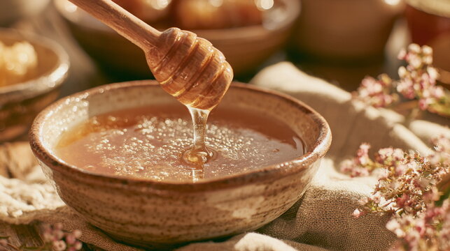 Golden honey flowing from a wooden dipper into a bowl, warm natural light and rustic textures create a cozy food, farm and wellness scene at home now.