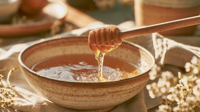 Golden honey flowing from a wooden dipper into a bowl, warm natural light and rustic textures create a cozy food, farm and wellness scene at home now.