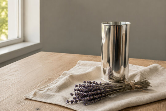Silver cylinder vase and dried lavender on cream linen cloth on light oak table, minimalist home decor concept