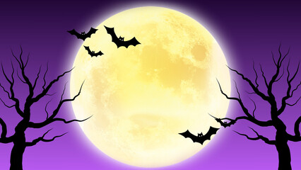 Glowing full moon night background presentation with spooky bare trees and bats © SADANAN