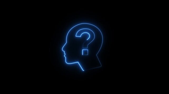Neon Human Head Profile with Question Mark &ndash; Abstract Thinking and Uncertainty Animation On Black Background of question mark brain concept animation.	