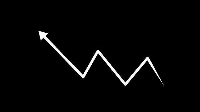 white hand-drawn brush stroke arrow isolated on a black background. white business arrow graph going up volatile market graph. 4k motion .