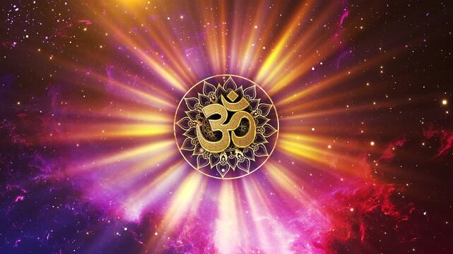 Om emblem lotus-inspired mandala shine magenta clouds rays. for yoga session visuals, meditation introductions, devotional music videos, mindfulness presentations, contemplative spiritual settings.