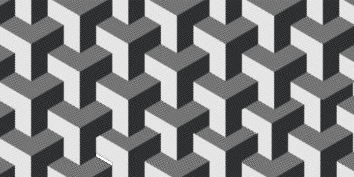 Isometric 3D cube seamless pattern background with halftone dot texture in black, grey, and white, optical illusion geometric vector backdrop.