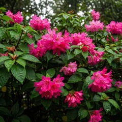 Fototapeta premium Vibrant Pink Rhododendron Blooms in Lush Green Garden Setting.