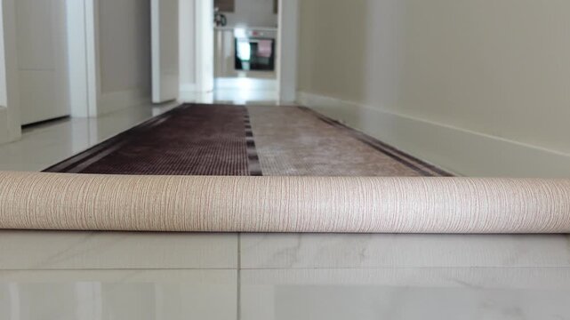 Low angle shot of rolled up carpet runner on polished floor in hallway