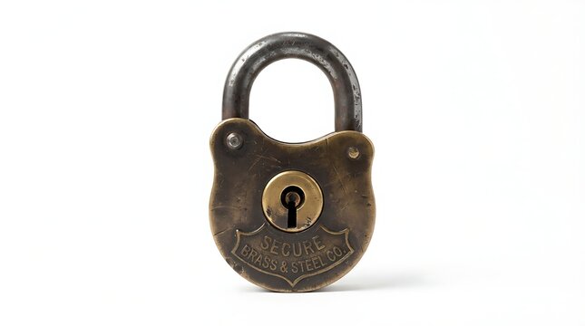 Old vintage brass padlock with a steel shackle used for security and protection of valuable items in a home
