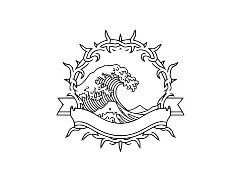 Thorn frame nautical crest featuring stylized ocean wave and mountain with blank text banner