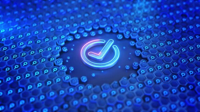 Approval symbol rests blue geometric binary tiles, suggesting verification digital trust. compliance explainers, access approval videos, quality assurance presentations, digital identity-themed titles