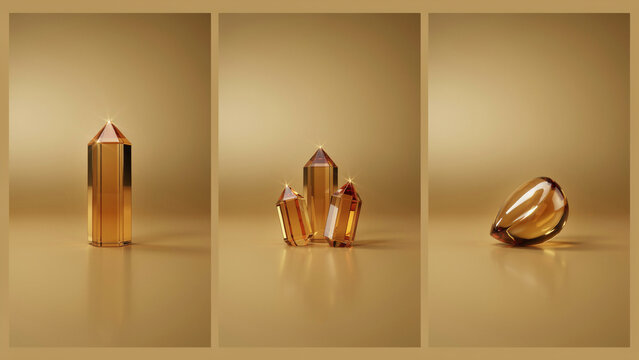 Amber colored glass crystal obelisks and a rounded gemstone on a warm beige background