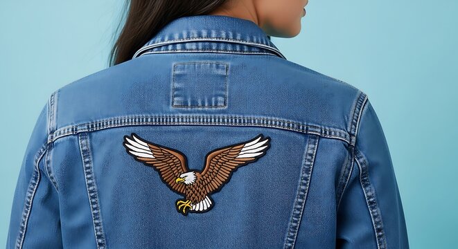 woman back wearing a denim jacket featuring an embroidered eagle patch