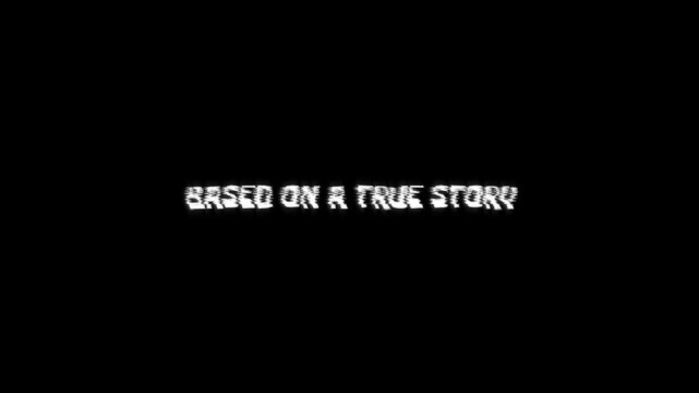 based on a true story text animation with glitching movie effect on background. 4k video footage transitions trailer, banner title on based on a true story glitch