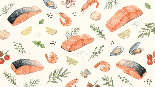 Seafood illustration featuring raw salmon steaks, shrimp, and aromatic herbs covers the canvas.