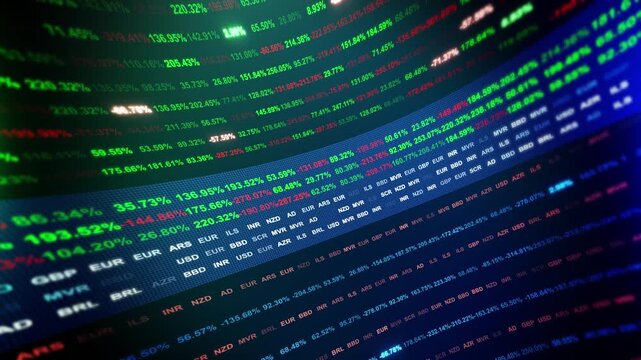Illustrative financial display glowing currency codes positive negative figures. economic reports, trading education, currency exchange explainers, business news intros presentations about market risk
