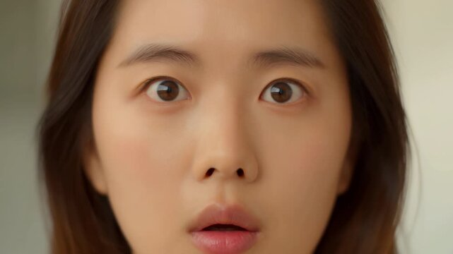 Young adult woman shifts her wide-eyed gaze while holding a surprised open-mouth expression in an extreme close-up portrait against a softly blurred neutral background