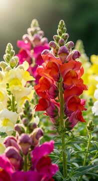 Vibrant snapdragon flowers in full bloom, showcasing a spectrum of colors.