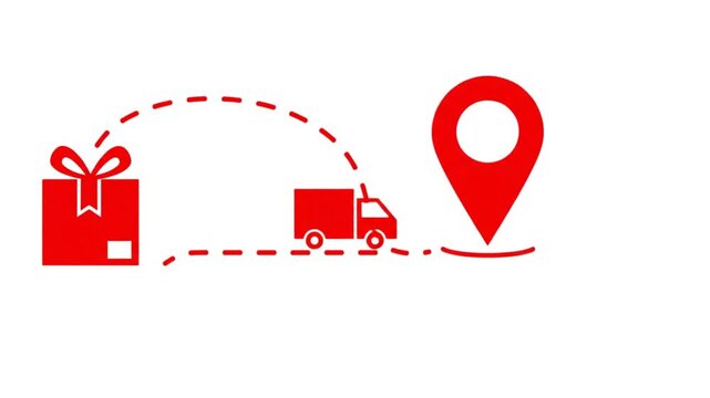 Red delivery truck moving from gift box to map pin icon