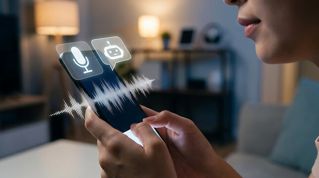 Young woman using futuristic holographic smartphone interface