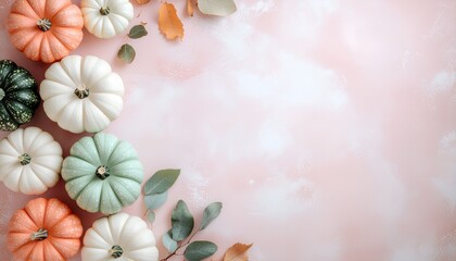 Obraz premium Top-down flat lay of assorted pastel and green mini pumpkins on marbled pink background with eucalyptus leaves arranged as a left border, copy space for text