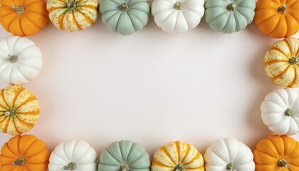 Fototapeta premium Flat lay arrangement of multicolored miniature pumpkins and gourds forming decorative autumn border frame on beige background with empty center for text