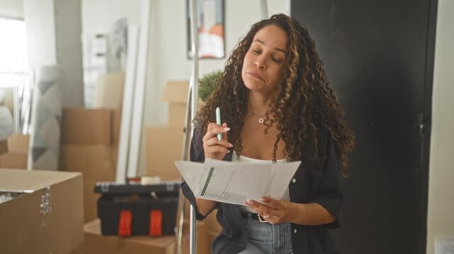 Young hispanic woman reading a document while holding a pen among moving boxes in building; planning concentration.