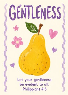 Fruit of the spirit wall art prints set. Cute kawaii fruit Christian nursery classroom posters. Bible verse affirmations for kids playroom decor.