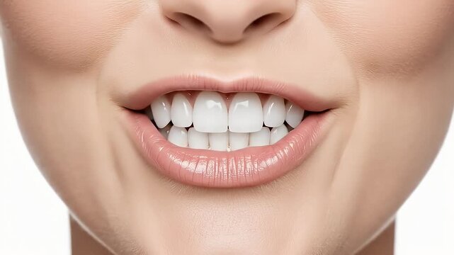 Close-up of a person's bright white smile with healthy teeth and smooth lips, showcasing a confident expression