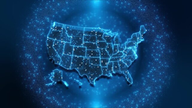 Circular markers luminous United States map, Alaska and Hawaii insets expansive blue rings. location intelligence, regional service advertising, geographic network explainers and business coverage .