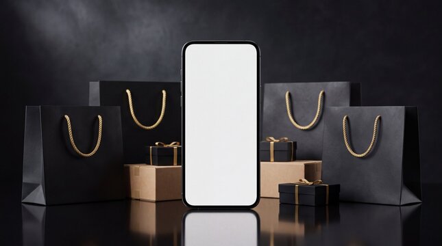 Smartphone with blank screen and black shopping bags for black friday mockup layout