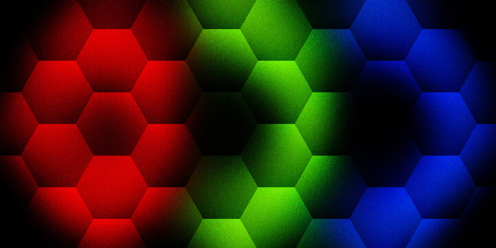 RGB color gradient on hexagonal grid background, abstract digital art for technology themes.