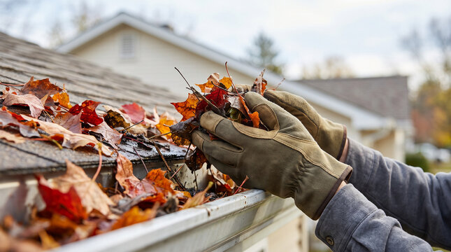 Gloved hands removing wet autumn leaves from rain gutter during outdoor home roof maintenance and seasonal drainage cleanup