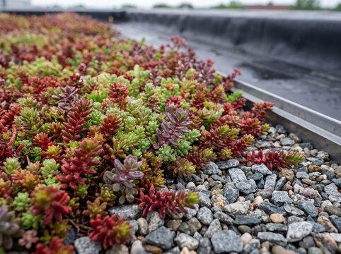 Close-Up of Sedum Groundcover on Green Roof Drainage Border