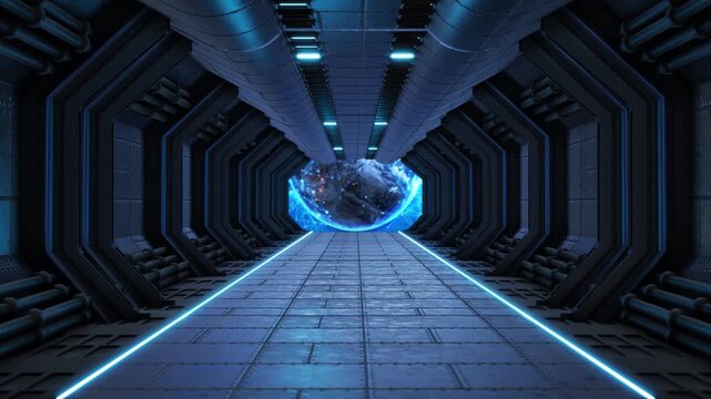 Angular frames, exposed pipes bright strips define a dark futuristic passage connected globe for immersive game scenes, virtual studio backgrounds, science fiction promos digital world narratives.