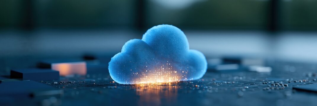 Soft glowing cloud data storage icon on reflective surface for technology background and banner design